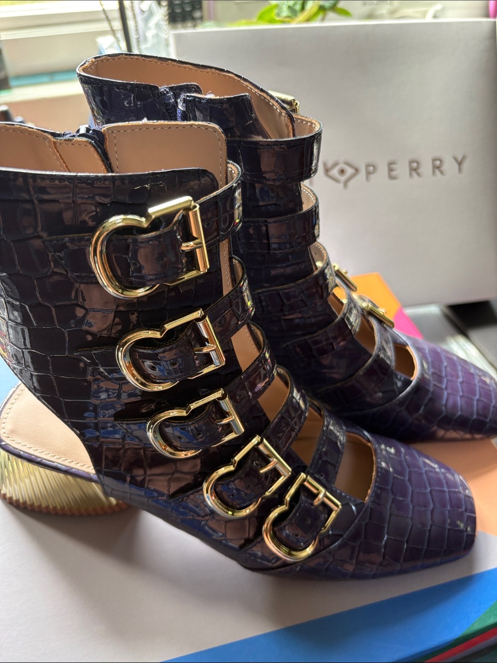 Katy Perry Collections Shiny Purple Croc Buckle Block Heels - Picture 2 of 8